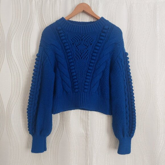 Anthropologie Indigo Blue Sweater Size M Cable Knit Crop Balloon Sleeve Warm EUC - Picture 4 of 14